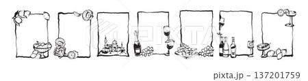 Italian doodle frame set hand drawn summer Amalfi border, wine glass bottle line ink illustration.  137201759