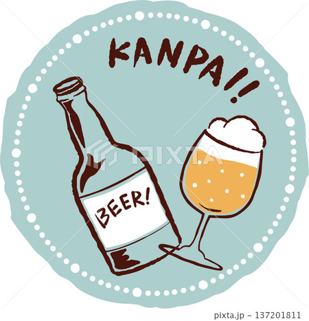 レトロな手描きタッチのビールのイラスト　丸フレーム　瓶とグラス 137201811