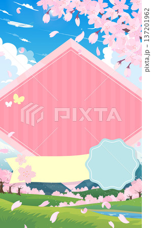 桜と春の景色と飛行機のひし形フレーム2_縦 137201962