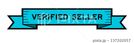Ribbon label banner with word verified seller in blue color on white background 137202057