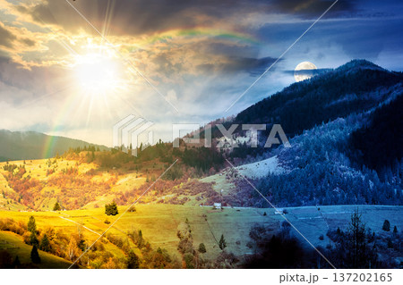 autumn landscape of rural region in mountains. day and night time change concept. rolling hills with green alps with sun and moon. serene countryside under cloudy sky. duality and transition template 137202165