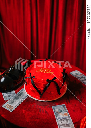 Tasty sponge cake with fresh berries and mint on light gray table, closeup Tasty sponge cake with fresh berries and mint on light gray table, closeup 137202553
