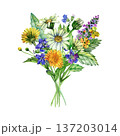 Charming watercolor bouquet of mixed summer wildflowers, including dandelions, daisies, and lavender. This hand-painted botanical arrangement features vibrant colors and lush green leaves. 137203014