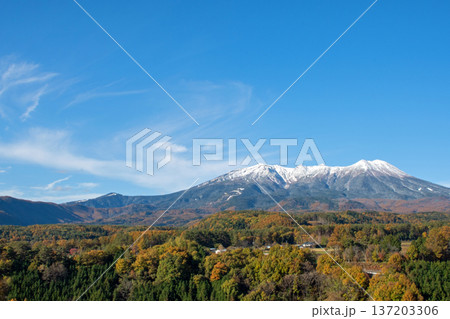 快晴の下、御嶽山展望台から望む冠雪の御嶽山と紅葉真っ盛りの開田高原 快晴の下、御嶽山展望台から望む冠雪の御嶽山と紅葉真っ盛りの開田高原 137203306