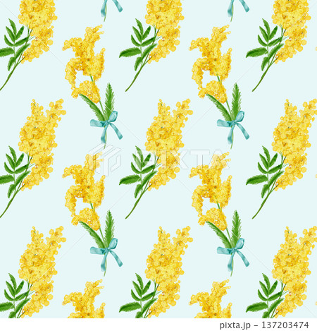 Seamless pattern with mimosa. The watercolor illustration is hand-drawn. 137203474