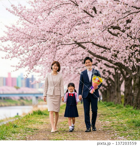 桜の咲く公園を歩く入園式帰りの家族 137203559
