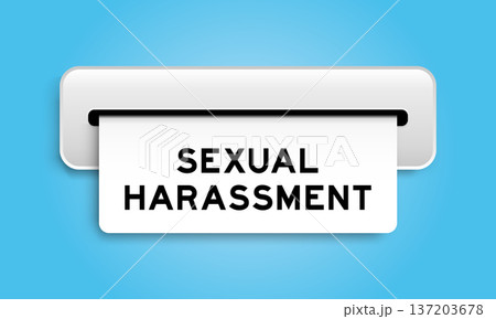 White coupon banner with word sexual harrassment from machine on blue color background White coupon banner with word sexual harrassment from machine on blue color background 137203678