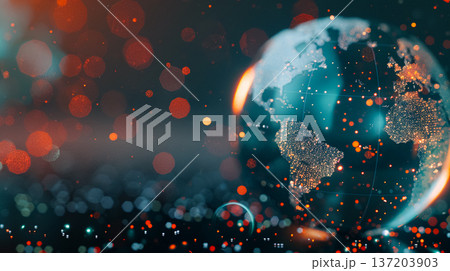 Digital Earth globe with glowing data points and grid on a futuristic background with red bokeh lights. Global communication, technology, and big data concept. This is AI-generated item 137203903