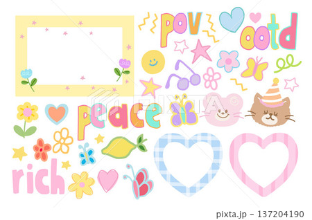 Cute hand drawn vector illustrations of teddy bear, cat wearing party hat, flowers, sunglasses, lemon, heart frames, rectangle frame, butterfly for decorations, banner, animals, pet shop, stickers 137204190