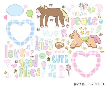 Cute hand drawn vector illustrations of horse, pony, heart frame, clover leaf, cloud, moon, flowers, stars, hot tea cup, candy, champagne glass, words such as dream, peace, hug, kiss, good vibes, love Cute hand drawn vector illustrations of horse, pony, heart frame, clover leaf, cloud, moon, flowers, stars, hot tea cup, candy, champagne glass, words such as dream, peace, hug, kiss, good vibes, love 137204191