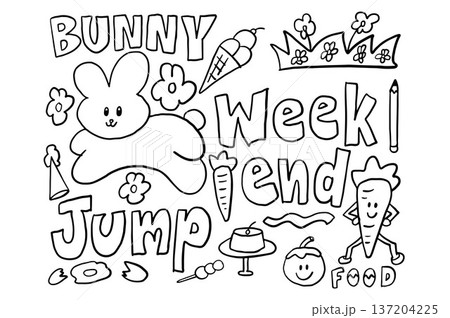 Hand drawn vector outlines of pink bunny jumping, carrot, ice cream cone, flowers and grass, pencil, party hat, egg, pudding, tomato, weekend letter for kid colouring book, cartoon character, easter Hand drawn vector outlines of pink bunny jumping, carrot, ice cream cone, flowers and grass, pencil, party hat, egg, pudding, tomato, weekend letter for kid colouring book, cartoon character, easter 137204225