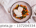 Closeup of boiled chicken fillet and mixed vegetables on a plate on the table top view 137204334