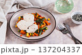 Boiled chicken fillet and mixed vegetables on a plate on the table web banner 137204337