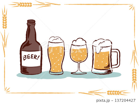 レトロな手描きタッチのビールのイラスト　ビール瓶とグラス　フレーム付き 137204427
