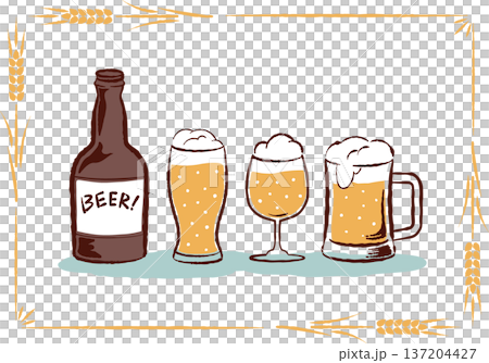 復古手繪啤酒插畫，描繪了一瓶啤酒、一個啤酒杯和一個邊框。 137204427