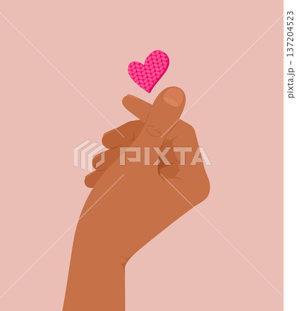 Hand showing a love gesture and a pink heart on a pink background. Vector illustration 137204523
