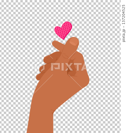 Hand showing a love gesture and a pink heart on a white background. Vector illustration 137204525