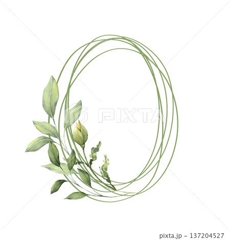 Elegant oval frame made of delicate green lines decorated with a leaf branch in watercolor style Elegant oval frame made of delicate green lines decorated with a leaf branch in watercolor style 137204527