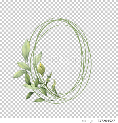 Elegant oval frame made of delicate green lines decorated with a leaf branch in watercolor style Elegant oval frame made of delicate green lines decorated with a leaf branch in watercolor style 137204527