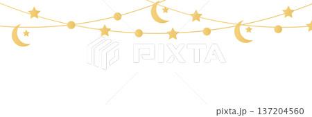Ramadan Kareem hanging garland. Arabic traditional eastern lanterns line baubles. Muslim ornament. Eid Mubarak banner. Holiday Night. Golden crescent, star. Islam decoration. Vector illustration 137204560