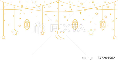 Ramadan Kareem line hanging baubles. Arabic traditional eastern lanterns garland. Muslim ornament. Eid Mubarak banner. Holiday Night. Golden crescent, star. Islam decoration. Vector illustration 137204562