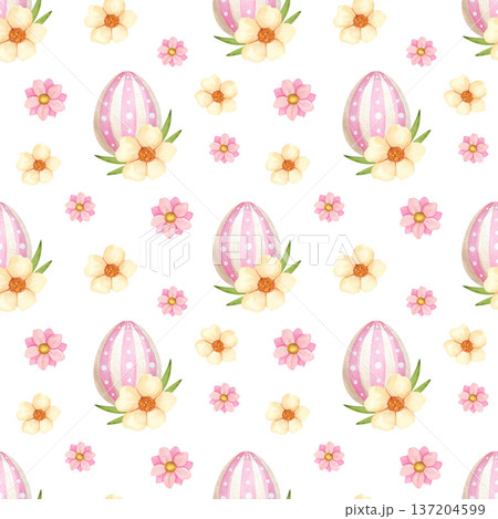 Festive Easter seamless pattern with pink eggs decorated with flowers, hand drawn in watercolor. Festive Easter seamless pattern with pink eggs decorated with flowers, hand drawn in watercolor. 137204599