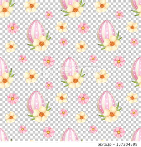Festive Easter seamless pattern with pink eggs decorated with flowers, hand drawn in watercolor. Festive Easter seamless pattern with pink eggs decorated with flowers, hand drawn in watercolor. 137204599