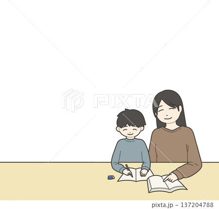 笑顔で勉強する男の子と母親 笑顔で勉強する男の子と母親 137204788