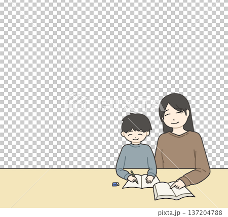 笑顔で勉強する男の子と母親 笑顔で勉強する男の子と母親 137204788