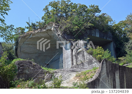 青空にそびえ立つ剥き出しの巨大な大谷石岩壁 青空にそびえ立つ剥き出しの巨大な大谷石岩壁 137204839