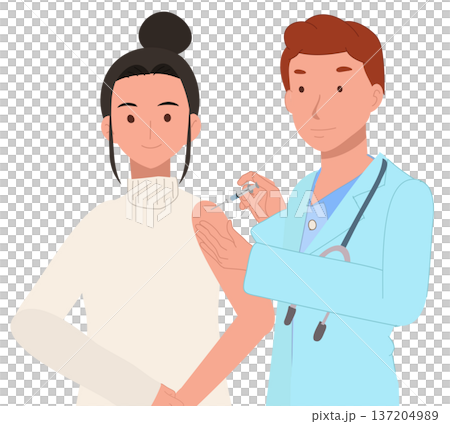 adult woman getting flu or covid vaccine shot from healthcare professional at hospital 137204989