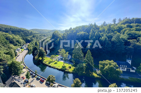 Esch-sur-Sure, Wiltz, Grand-Duche de Luxembourg, September 07, 2025, Tranquil river setting with Esch-sur-Sure, Wiltz, Grand-Duche de Luxembourg, September 07, 2025, Tranquil river setting with 137205245