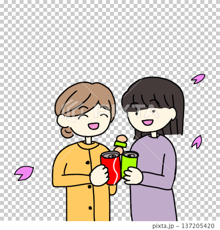 Women toasting under cherry blossom petals 137205420