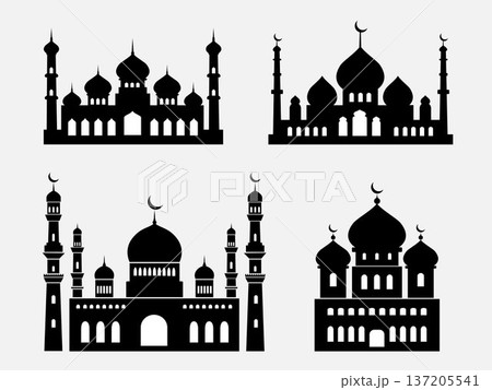 A set of black mosque silhouettes against a light background, featuring large domes, crescent moons, minarets, arches, and detailed Islamic architectural elements.	 137205541