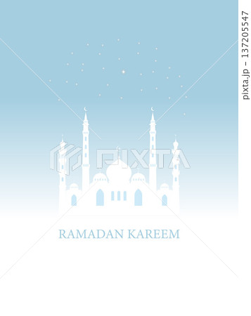 Illustration of a white mosque silhouette set against a gentle blue gradient sky, with the text RAMADAN KAREEM below, creating a peaceful and elegant greeting design for Islamic holiday celebration. 137205547