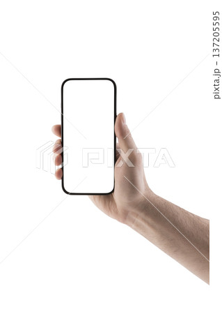 Hand holding modern smartphone with blank screen isolated on white background with clipping path 137205595