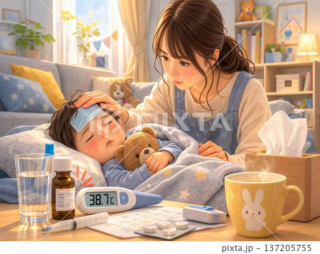体調不良の子どもを看病する母親（家庭内感染・育児・健康管理） 137205755