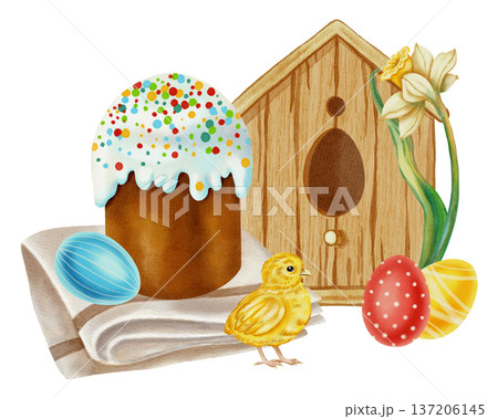 Watercolor spring illustration with a wooden birdhouse, cute yellow chicks, a nest with a decorated egg, and daffodils. Easter. Perfect for cards, invitations, packaging, and seasonal designs. Watercolor spring illustration with a wooden birdhouse, cute yellow chicks, a nest with a decorated egg, and daffodils. Easter. Perfect for cards, invitations, packaging, and seasonal designs. 137206145