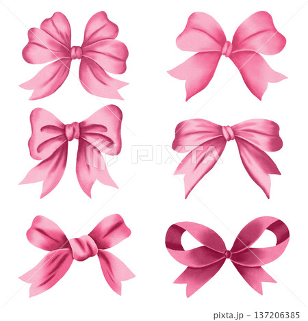 Set of hand-drawn watercolor bows in vibrant colors. Perfect for nursery themes, gift wrapping, greeting cards, invitations, and spring or holiday decor. 137206385
