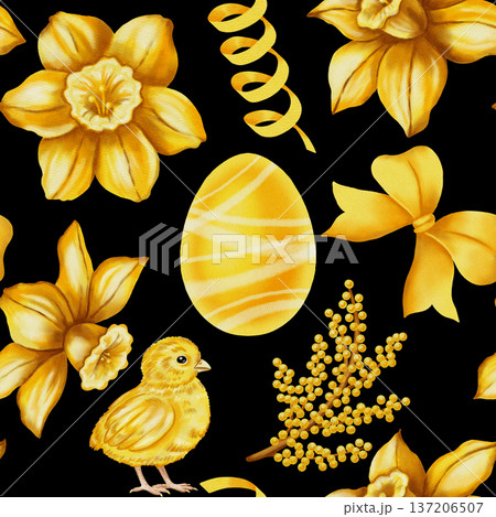 Bright watercolor seamless pattern featuring yellow daffodils, cute chick, mimosa and striped Easter egg. Festive spring background for holiday packaging, textiles, decor, greeting cards, invitations Bright watercolor seamless pattern featuring yellow daffodils, cute chick, mimosa and striped Easter egg. Festive spring background for holiday packaging, textiles, decor, greeting cards, invitations 137206507