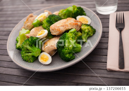 chicken breast with broccoli and quail eggs on plate for healthy dinner chicken breast with broccoli and quail eggs on plate for healthy dinner 137206655