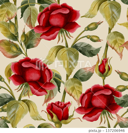 Elegant seamless pattern with hand-drawn watercolor red roses. Perfect for Valentine's Day, weddings, romantic gift wrapping, and floral textile prints. 137206946