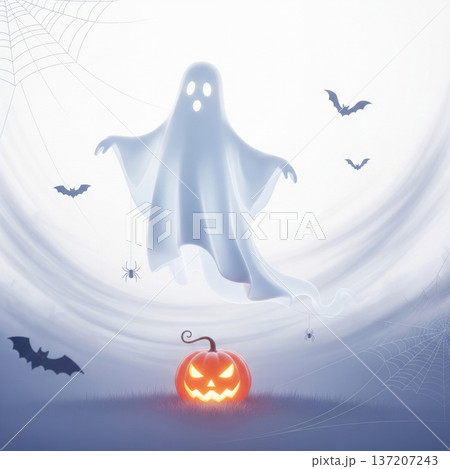 Ethereal White Ghost Hovering Above Glowing Jack o Lantern Under Moonlight With Flying Bats 137207243