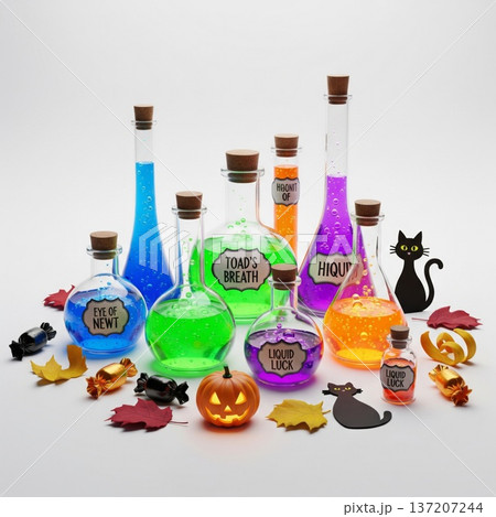 Assorted Glass Bottles with Colorful Potions Halloween JackOLantern Decor 137207244