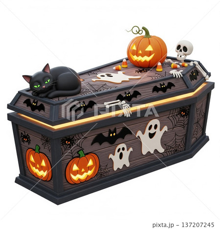 Halloween Theme Coffin With Cat Pumpkin Skeleton and Ghost Figures 137207245