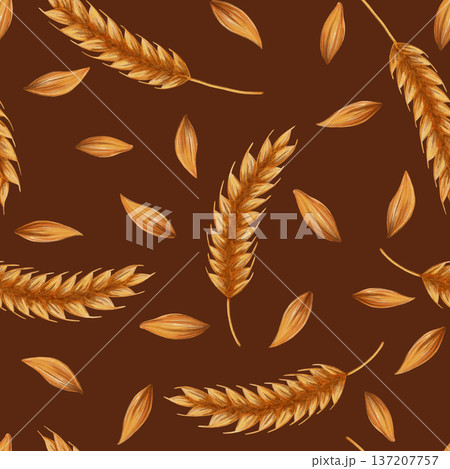 A seamless watercolor pattern with wheat and grains. Perfect for bakeries, cafes, packaging, menus, and farm branding. Hand-drawn in a rustic style, perfect for food and farming themes A seamless watercolor pattern with wheat and grains. Perfect for bakeries, cafes, packaging, menus, and farm branding. Hand-drawn in a rustic style, perfect for food and farming themes 137207757