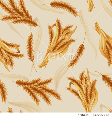 A seamless watercolor pattern with wheat and grains. Perfect for bakeries, cafes, packaging, menus, and farm branding. Hand-drawn in a rustic style, perfect for food and farming themes 137207758