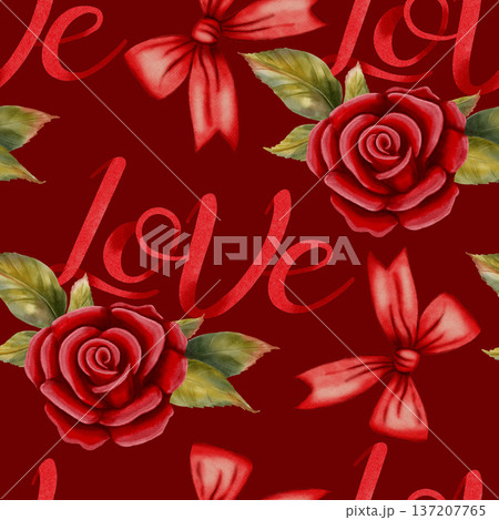 Charming watercolor seamless pattern with roses, silk bows, and Love lettering. Ideal for Valentine's Day, romantic cards, packaging, wrapping paper, party decor, cafes, shops and festive menus 137207765