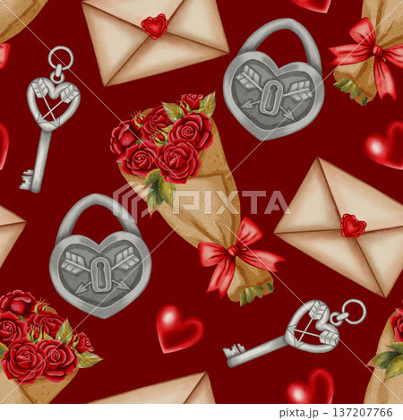 Watercolor seamless pattern with rose bouquets, love letters, and heart-shaped locks. Ideal for Valentine's Day, romantic cards, packaging, wrapping paper, party decor, cafes, shops and festive menu Watercolor seamless pattern with rose bouquets, love letters, and heart-shaped locks. Ideal for Valentine's Day, romantic cards, packaging, wrapping paper, party decor, cafes, shops and festive menu 137207766