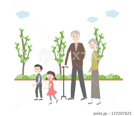 散歩するシニア夫婦と孫 137207825